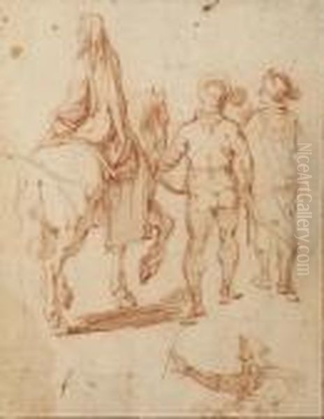 Une Femme Sur Un Cheval Tenu Par
Deux Hommes Vus De Dos, Etude Subsidiaire D'un Homme En Buste - view 1