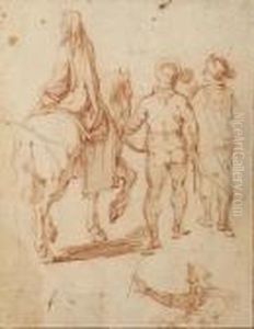 Une Femme Sur Un Cheval Tenu Par
Deux Hommes Vus De Dos, Etude Subsidiaire D'un Homme En Buste by Jacques Callot
