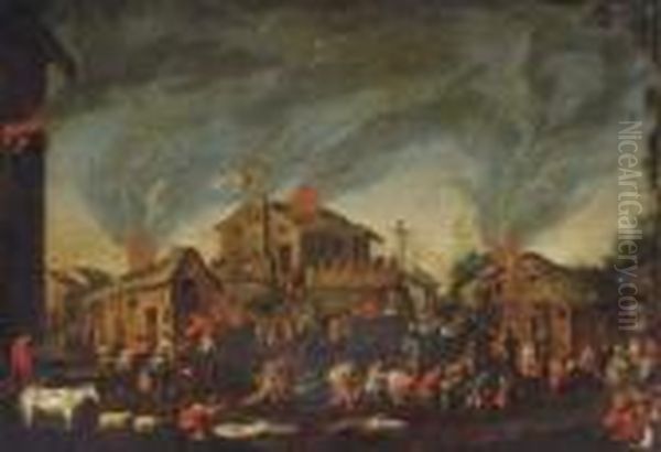 A Village Burning With Numerous Figures Escaping In The Foreground - view 1