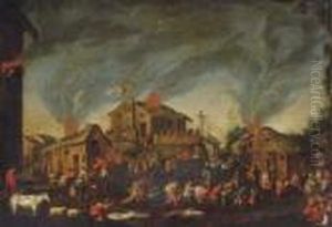 A Village Burning With Numerous Figures Escaping In The Foreground