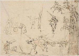 Sheet Of Studies Of Scenes From Army Life. by Jacques Callot