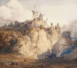 Figures In A Field Below A Continental Hilltop Village With Two Windmills Figures In A Field Below A Continental Hilltop Village With Two Windmills