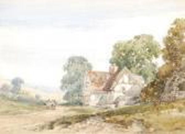 Figures By A Thatched Cottage In A Landscape - view 1