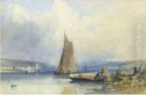A Fisherman On The Shores Of A River, With A Boat And Townbeyond