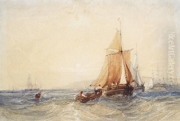 Fishing Boats Off A Coast At Sunset - view 1