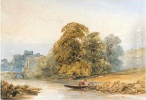 Fishermen On A River Near A Bridge By A Ruined Castle