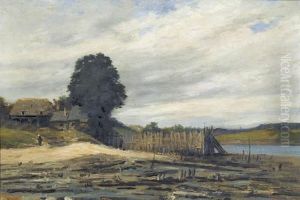 Seeuferpartie Mit Gehoft Und Bauerin Seeuferpartie Mit Gehoft Und Bauerin