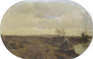 Uferpartie Mit Figur In Ebener Landschaft. Uferpartie Mit Figur In Ebener Landschaft.