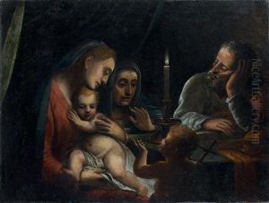 La Sainte Famille Avec Sainte Elisabeth Et Saint Jean-baptiste by Luca Cambiaso