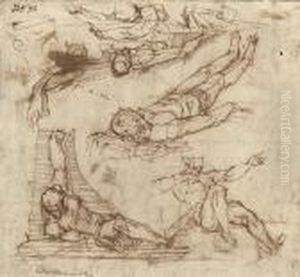 Studies Of Foreshortened Male Nudes by Luca Cambiaso