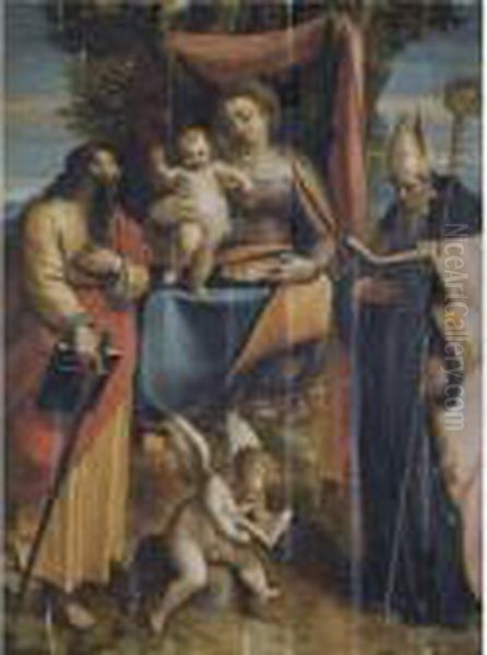 A 'sacra Conversazione': The
Madonna And Child With Saints Paul And Augustine, A Putto Reading At
Their Feet - view 1