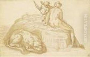 Venere, Amore E Leone Dormiente by Luca Cambiaso