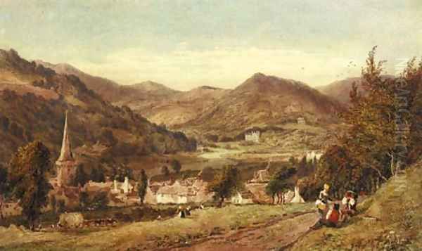 Haymakers resting beside a track with a village below - view 1