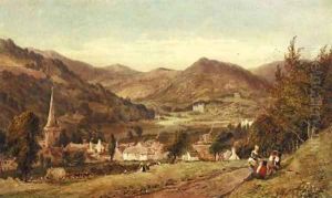 Haymakers resting beside a track with a village below