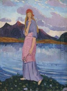 Girl standing by a lake by James Dickson Innes