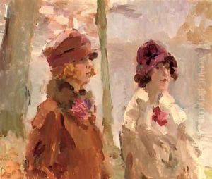 Meisjes in het Haagsche Bosch elegant ladies strolling in the park by Isaac Lazarus Israels