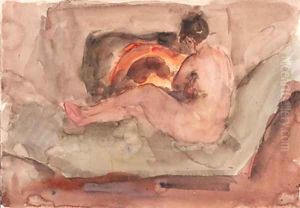 A reclining nude in front of a fire-place
