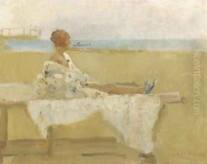 An elegant lady on the beach of Viareggio, Italy by Isaac Lazarus Israels