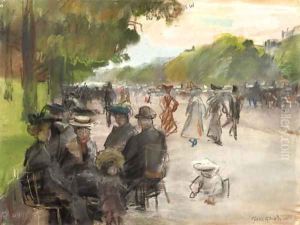 Elegant Parisians along an allee in the Bois de Boulogne, Paris by Isaac Lazarus Israels
