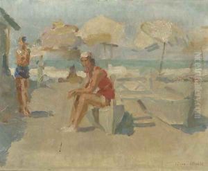 Lidostrand met parasols en bootjes at the beach of the Lido, Venice by Isaac Lazarus Israels