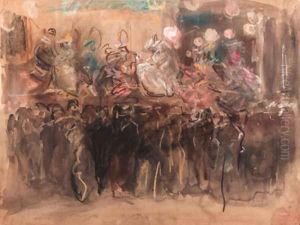 A Paris fair with dancers on stage by Isaac Lazarus Israels