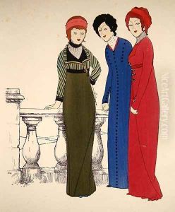 Three ladies in dresses by Paul Iribe