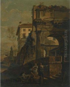 An Architectural Capriccio With Figures Loading A Boat Beside Anarch An Architectural Capriccio With Figures Loading A Boat Beside Anarch