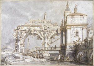 An Architectural Capriccio With A Pavilion And A Ruined Arcade Onthe Water's Edge by (Giovanni Antonio Canal) Canaletto