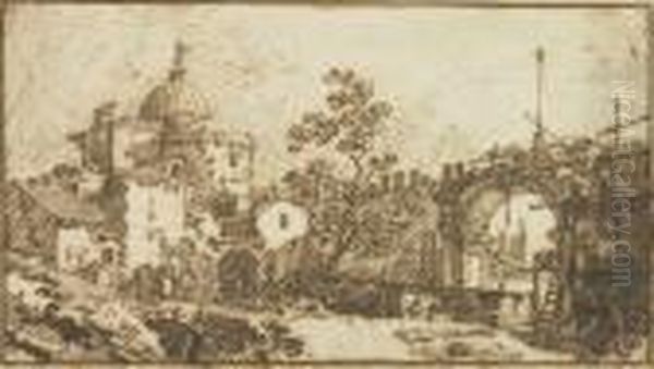 A Capriccio With A Domed Church, Men At Work On Scaffolding By An Arch - view 1