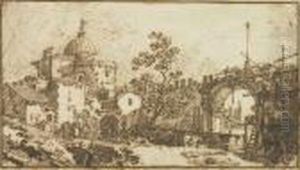 A Capriccio With A Domed Church, Men At Work On Scaffolding By An Arch by (Giovanni Antonio Canal) Canaletto