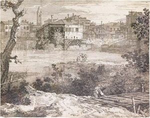 View Of A Town On A River Bank. by (Giovanni Antonio Canal) Canaletto
