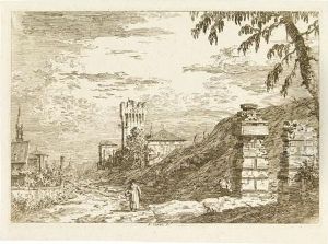 Paesaggio Con Torre E Due Pilastri In Rovina. by (Giovanni Antonio Canal) Canaletto
