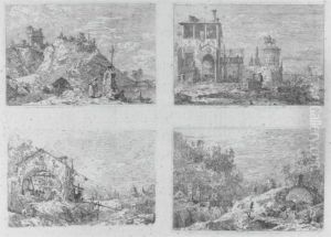 Mountain Landscape With Five
Bridges; The Equestrian Monument; Landscape With The Pilgrim At Prayer;
Landscape With A Woman At A Well (b. 22, 23, 27, 29) by (Giovanni Antonio Canal) Canaletto