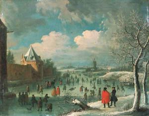 A winter landscape with townsfolk skating on a frozen moat by Jan Griffier I