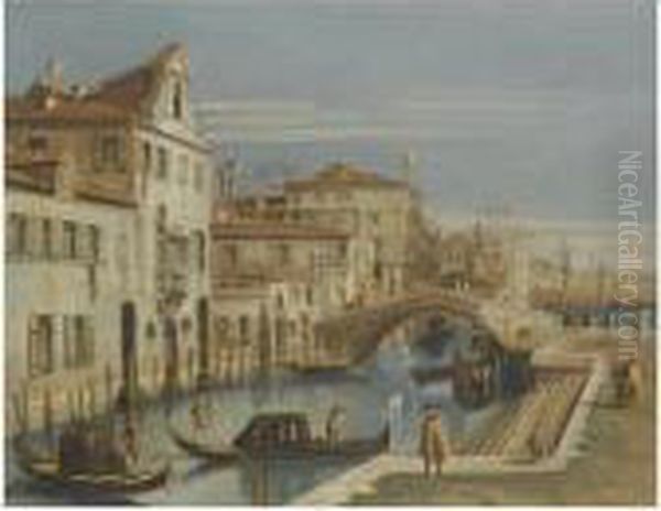 Venice, A View Of A Canal With Gondoliers - view 1