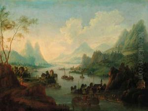 A Rhenish landscape with a town beyond