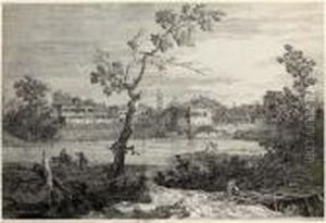 View Of A Town On A River Bank by (Giovanni Antonio Canal) Canaletto