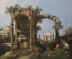 A Capriccio Of Classical Ruins With Figures by (Giovanni Antonio Canal) Canaletto