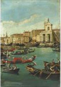 Venezia, Il Bacino Di San Marco Con La Punta Della Dogana E Gondole