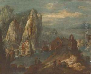 A Rhenish landscape with figures on a track, a bridge beyond by Jan Griffier I