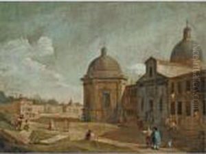 A Capriccio View Of A Church And Other Buildings, With Figures In The Foreground by (Giovanni Antonio Canal) Canaletto