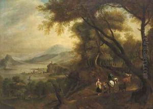 A Rhenish landscape with mounted figures on a wooded track