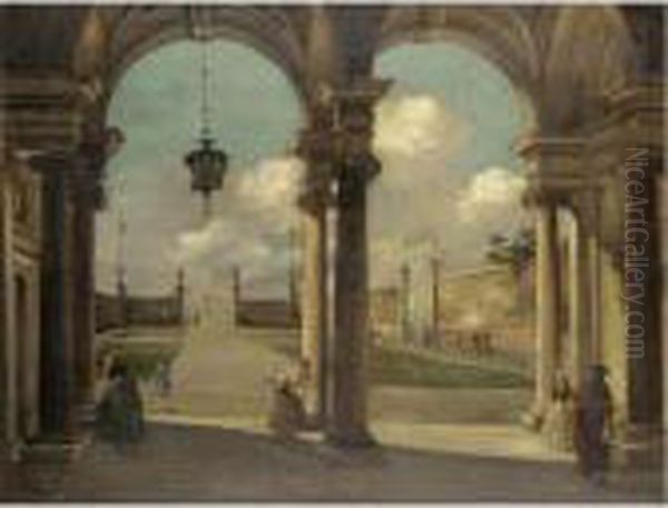 A Venetian Capriccio View Of A Garden With Elegant Figures Under A Portico - view 1
