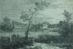 View Of A Town On A River Bank by (Giovanni Antonio Canal) Canaletto