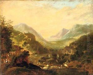 A Rhenish landscape with travellers and figures in moored boats near a castle on a hill, a town beyond