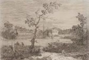 View Of A Town On A River Bank (bromberg 9) by (Giovanni Antonio Canal) Canaletto