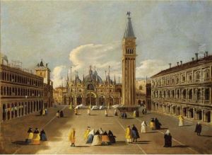 Venice: A View Of The Piazza San Marco With Elegant Figures Dressed In Carnival Costumes by (Giovanni Antonio Canal) Canaletto