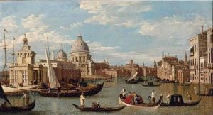 View Of The Grand Canal And 
Santa Maria Della Salute With Boats And Figures In The Foreground, 
Venice by (Giovanni Antonio Canal) Canaletto