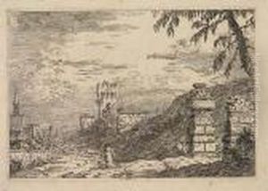 Landscape With A Tower And Two Ruined Pillars by (Giovanni Antonio Canal) Canaletto