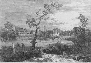 View Of A Town On A River Bank (de Vesme, Bromberg 9) by (Giovanni Antonio Canal) Canaletto